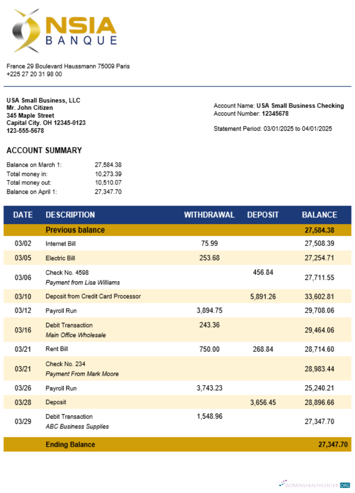 Download NSIA Banque business bank statement Word and PDF format Photoshop template